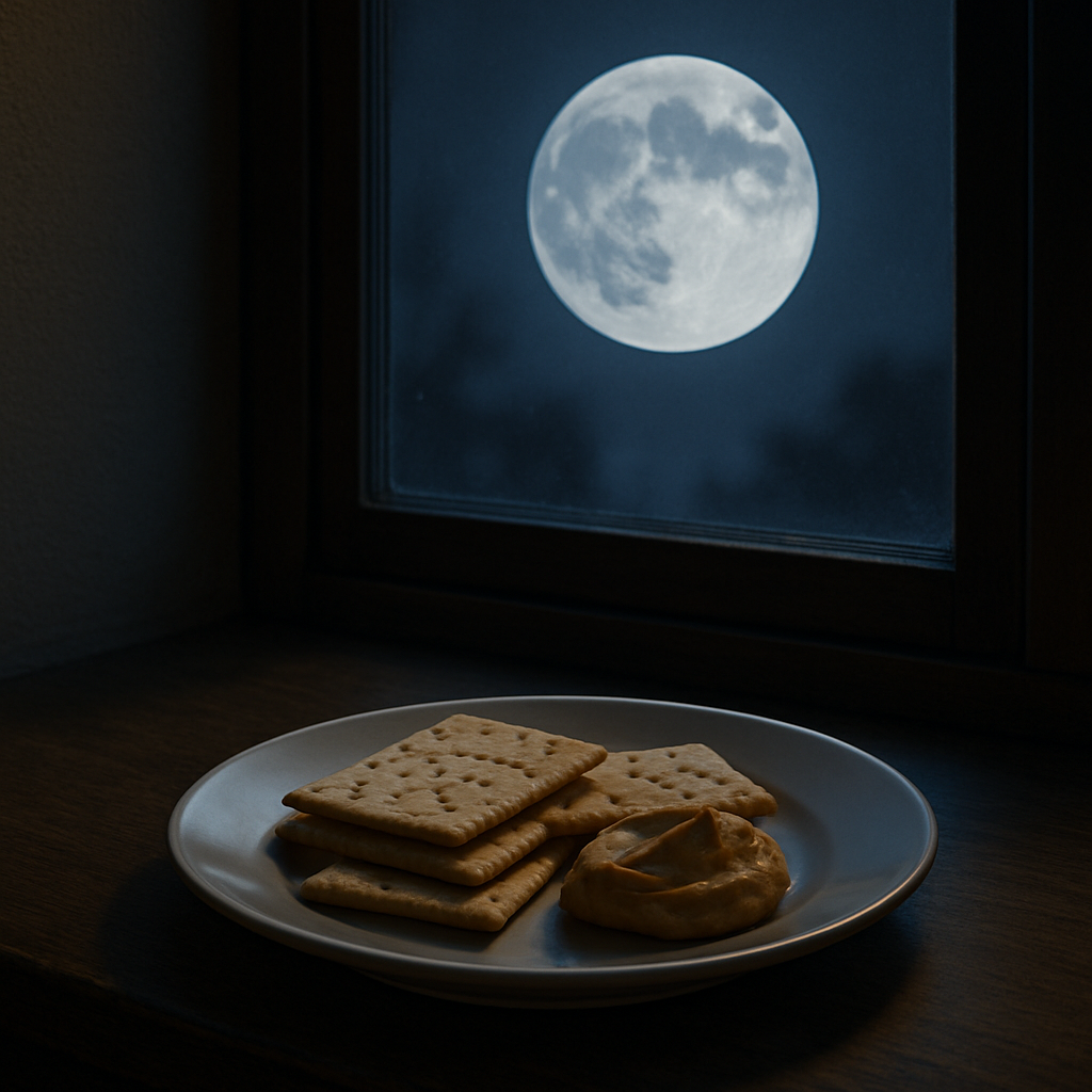 Plate of peanut butter crackers sits in front of a window. The moon can be seen outside.